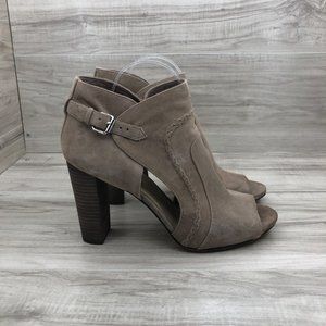 Vince Camuto Booties Women's 11 Tan Suede Buckle Open Peep Toe Ankle Boots